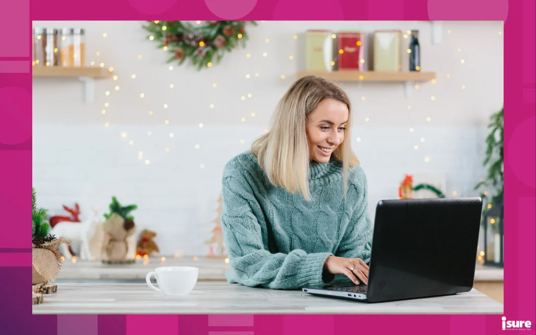 evaluate your insurance policy - Business woman working at home on laptop during Christmas and New Year, happy and successful completes a big project