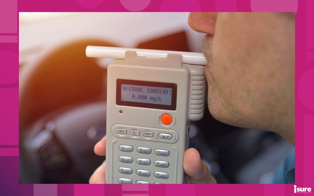 Man taking a breathalyzer test after being pulled over for suspected impaired driving. high-risk insurance and DUIs