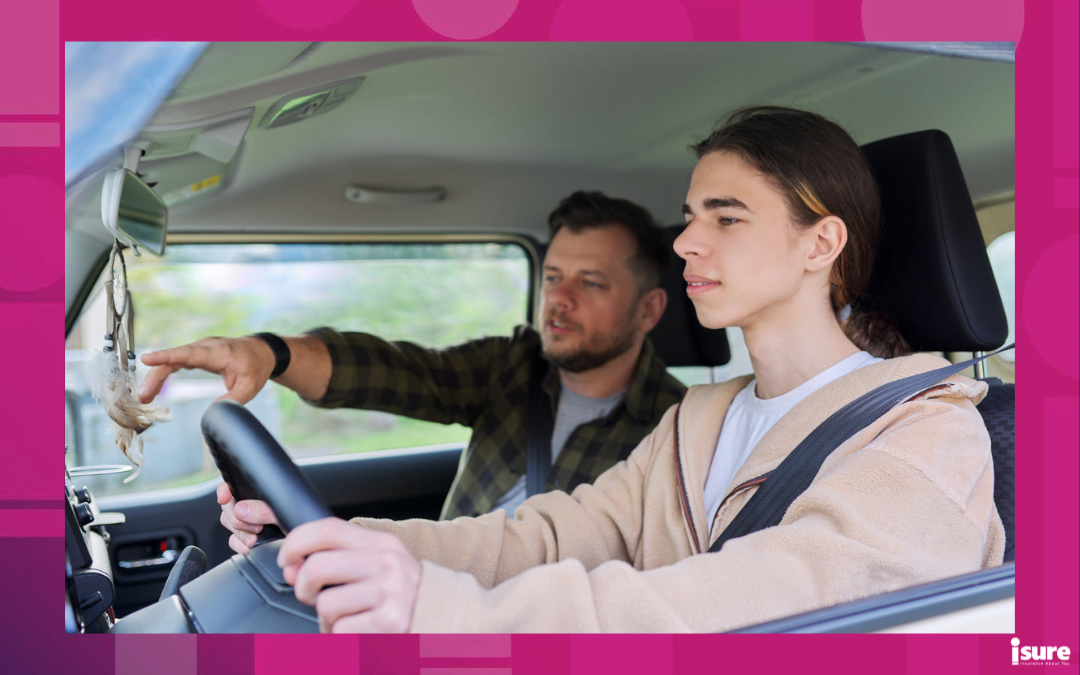 teen insurance - Father teaching his teenage son to drive. Family, relationship middle aged parent teenager, friendship of father and son