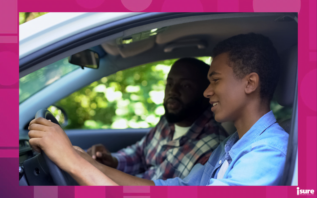 car insurance for young drivers - Caring parent teaching son how to drive car, spending time together, family