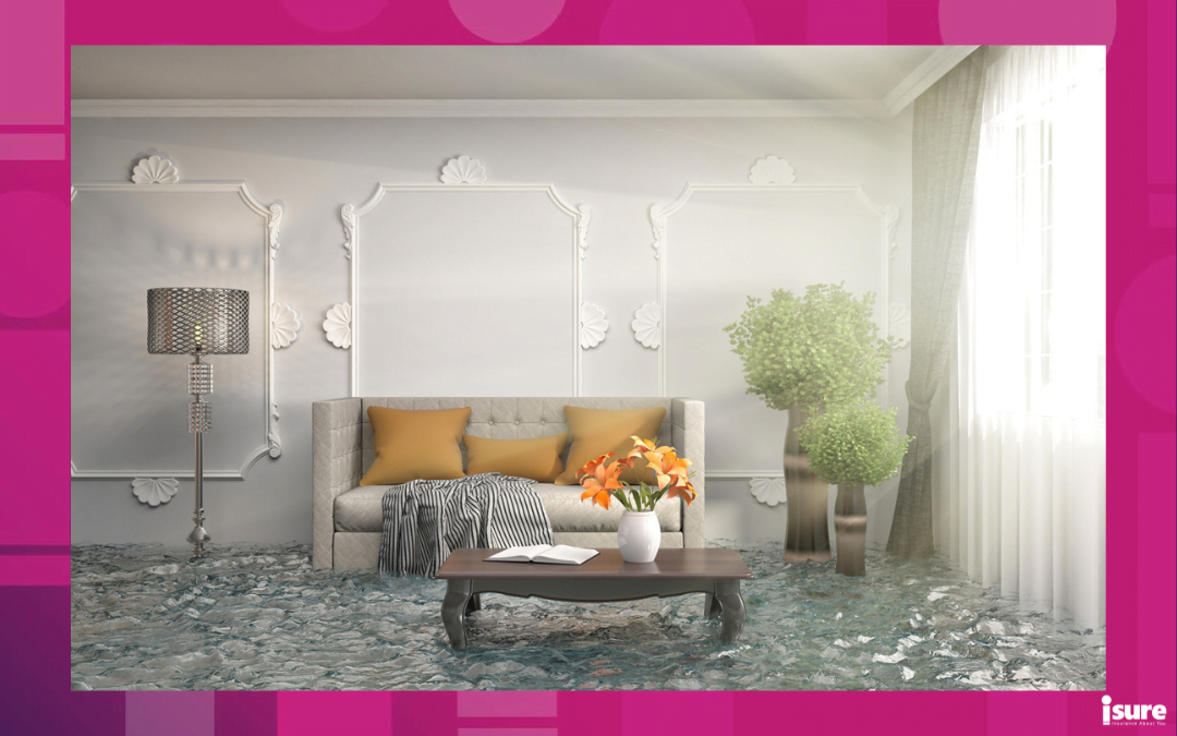 protect your home from water damage - interior of a house flooded with water. 3d illustration