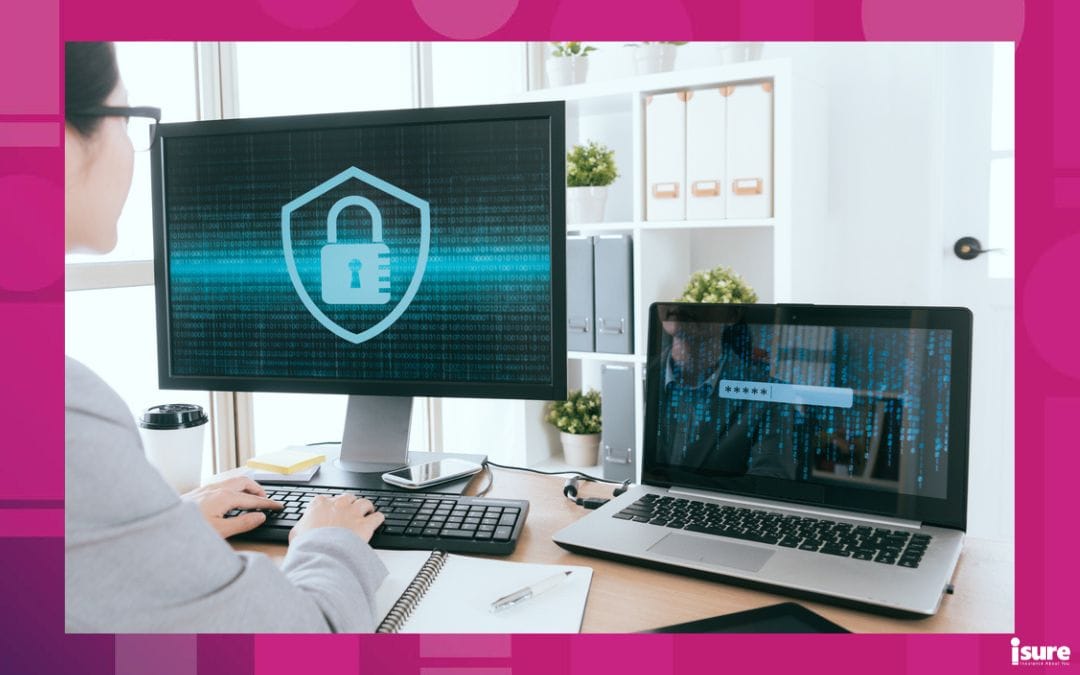 cyber insurance - professional business woman is working and using keyboard typing processed company online information security defense hacked with back view photo.
