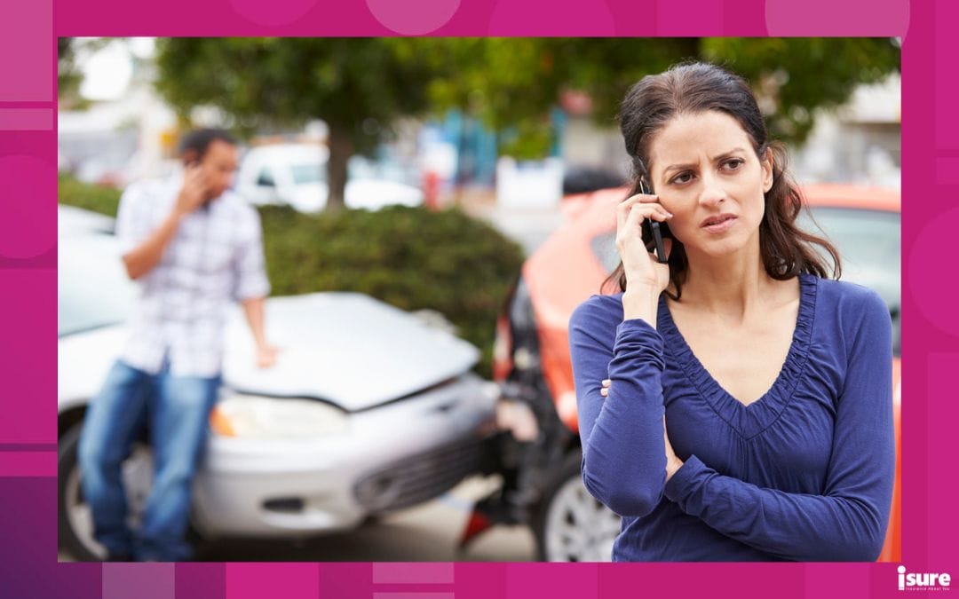 no-fault insurance - Female Driver Making Phone Call After Traffic Accident With Crash In Background.