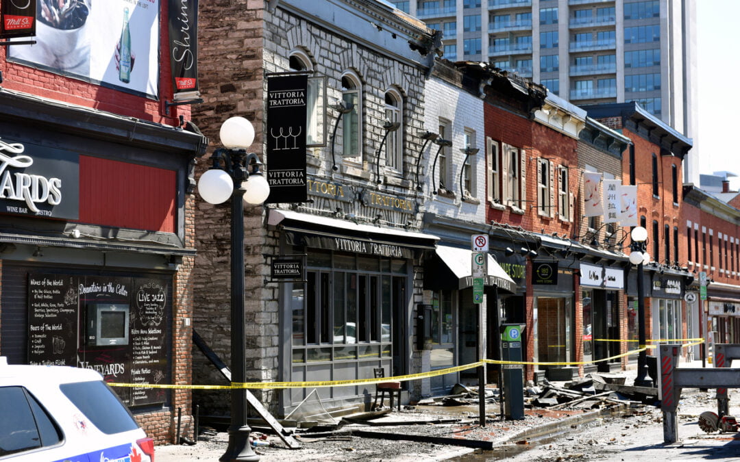 Ottawa, Canada - April 13, 2019: William Street in the Byward Market still closed after Vittoria Trattoria caught on fire and spread to other heritage buildings the day before. Business Interruption Insurance