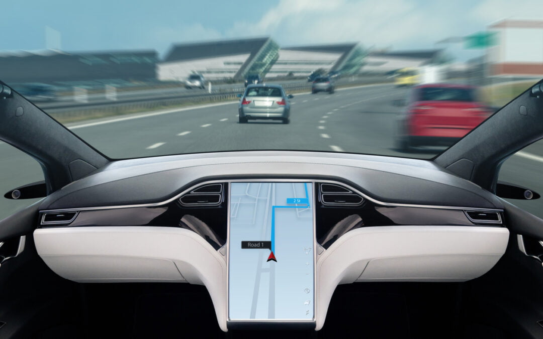 Autonomous vehicle on a road. Inside view.