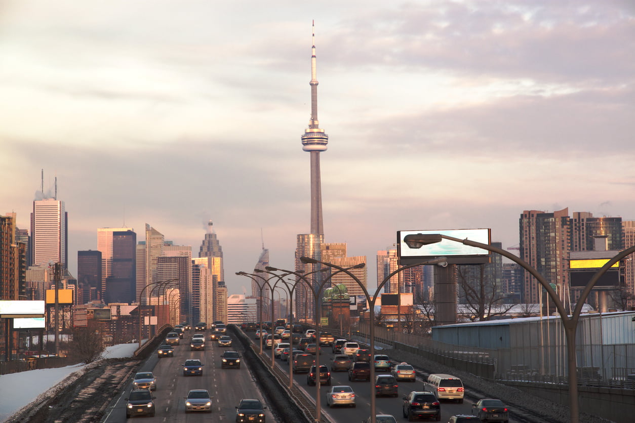 Busy highway to Toronto Downtown. Toronto, Ontario, Canada - Ontario road rules
