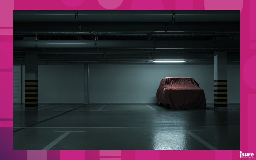 OPCF 16 & OPCF 17 - Red covered vintage car in empty underground parking background with copy space