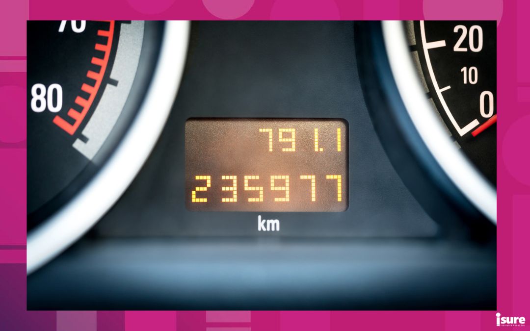 Digital car odometer in dashboard. Used vehicle with mileage meter. Numbers in kilometers. Average mileage driven