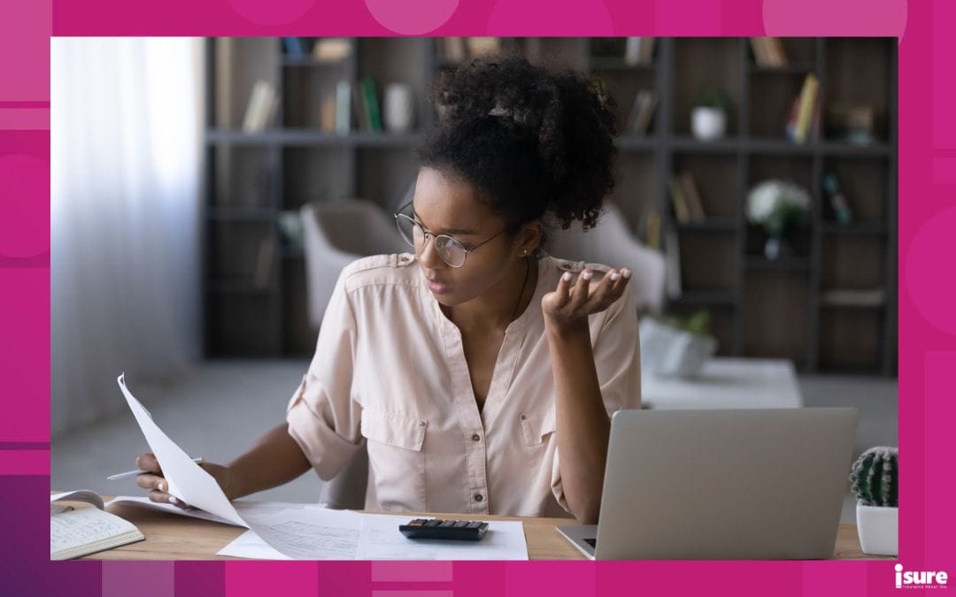 nsf insurance payment - Stressed millennial generation african mixed race woman in eyewear looking at financial documents paper utility bills, feeling nervous about mistakes or bank loan rejection, bankruptcy concept.