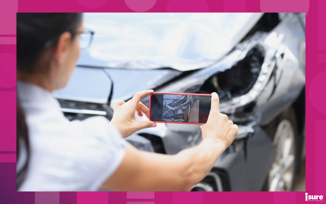 auto liability insurance - Insurance agent woman takes pictures by smartphone of car damage after road accident. Vehicle inspection and damage assessment concept