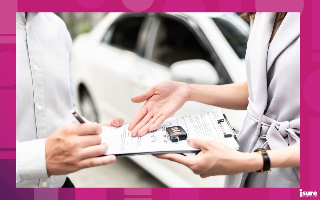 lease takeover - Automotive business, car sale or rental concept : Happy customer with car dealer agent making deal and signing on agreement document contract in auto showroom or car dealer office.
