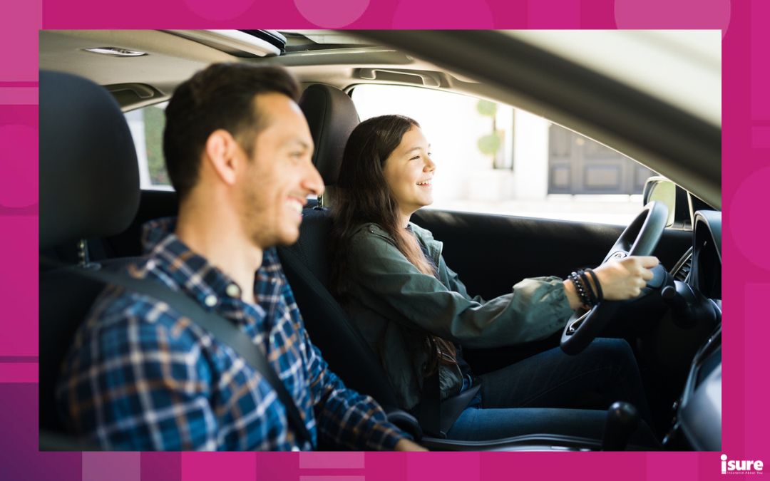 new drivers insurance - Happy handsome dad and teen daughter laughing while driving. Adolescent girl practicing her driving skills with her father