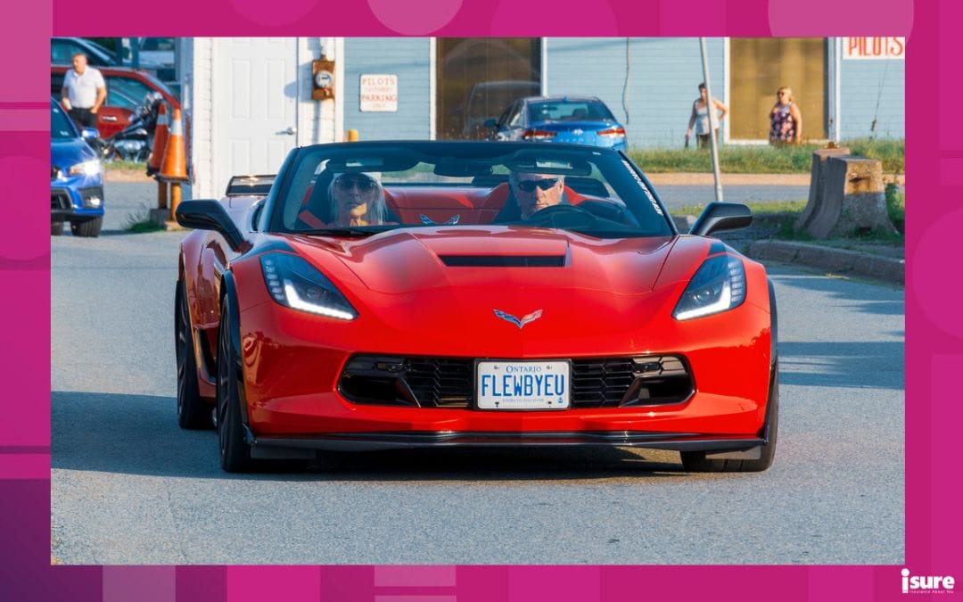 personalized licence plate on a red Corvette in Ontario