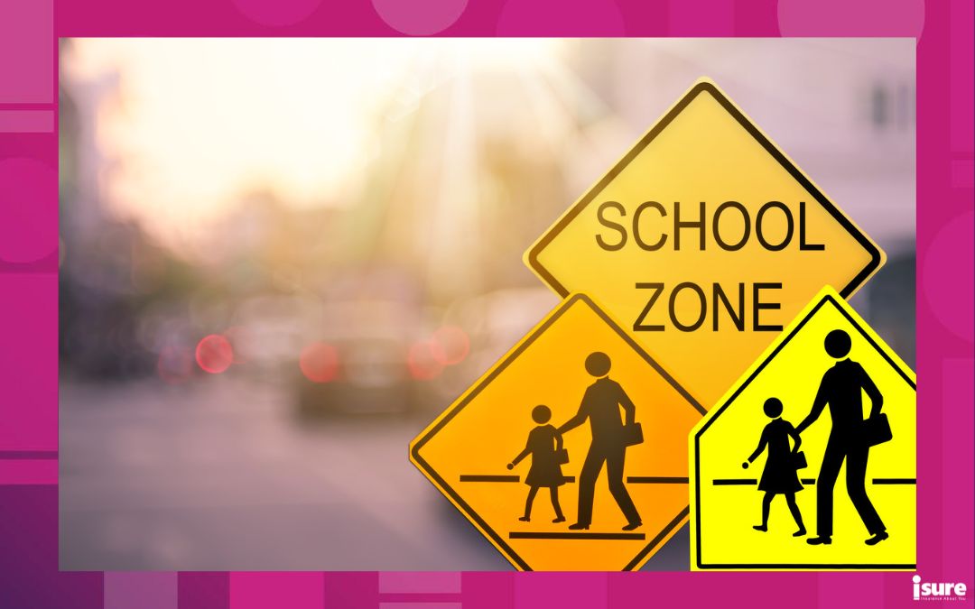 driving in school zones - School zone warning sign on blur traffic road with colorful bokeh light abstract background. Copy space of transportation and travel concept. Vintage tone color style.