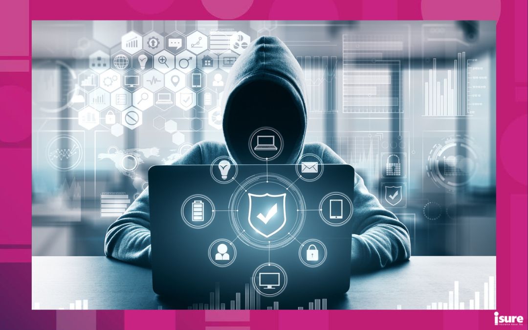 your business and cybercrime - Computing and malware concept. Hacker using computer with digital business interface