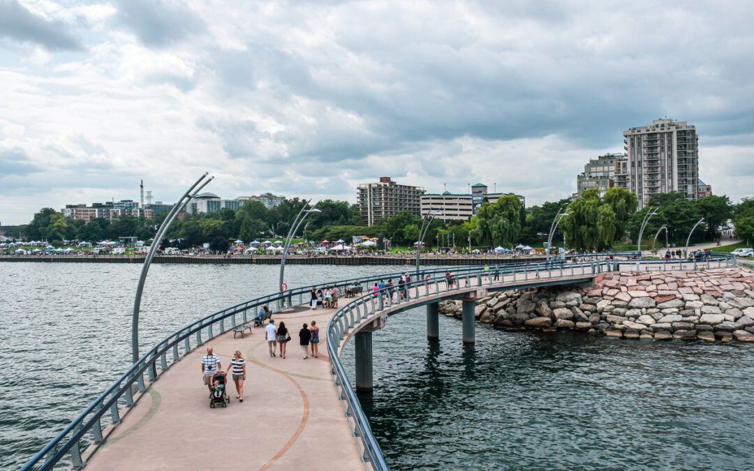 summer destinations in Ontario - Burlington, Ontario / Canada - August 17, 2014: Looking down over the Burlington Pier and waterfront during a cloudy day.