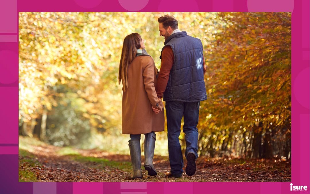 fall adult getaways - Rear View Of Loving Mature Couple Holding Hands Walking Along Track In Autumn Countryside