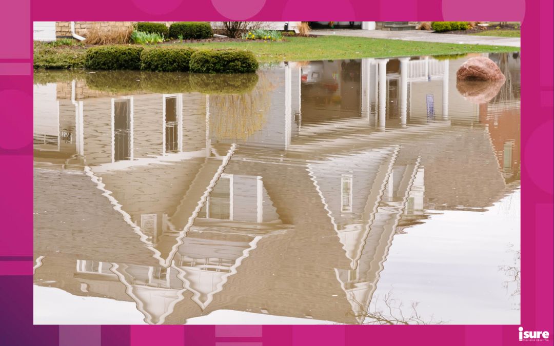 home insurance endorsements - Part of suburban house reflected in flood waters over lower yard and street in the American Midwest