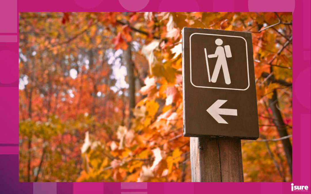 best hiking trails in Ottawa - Hiking sign at the beginning of a mountain trail in autumn. Autumn colours in background. Differential focus.
