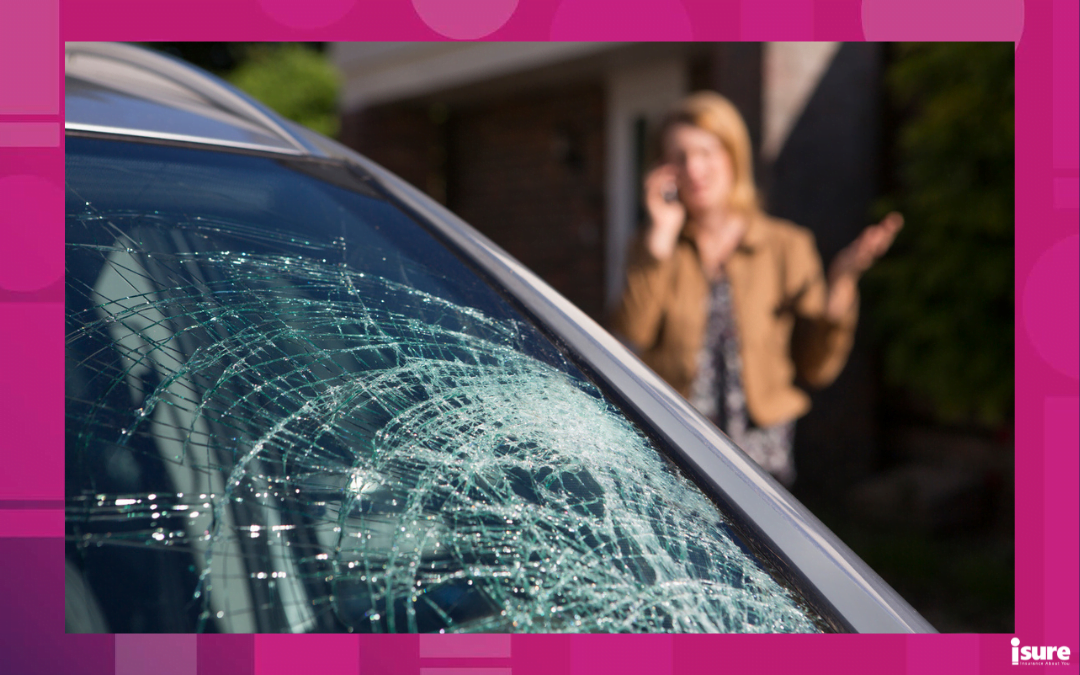 vandalism claim - Woman Phoning insurance company For Help After Car Windshield Has Broken