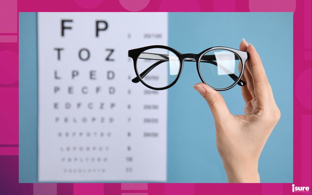 medical standards for Ontario drivers - Woman holding glasses against eye chart on blue background, closeup. Ophthalmologist prescription
