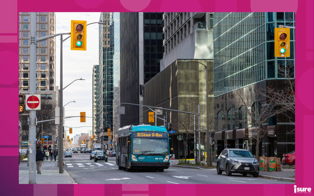 driving safely in Ottawa - Ottawa, Canada - November 10, 2022: Public bus on road in downtown. Cityscape with busy traffic and public transportation. Street with crossroads and traffic lights.