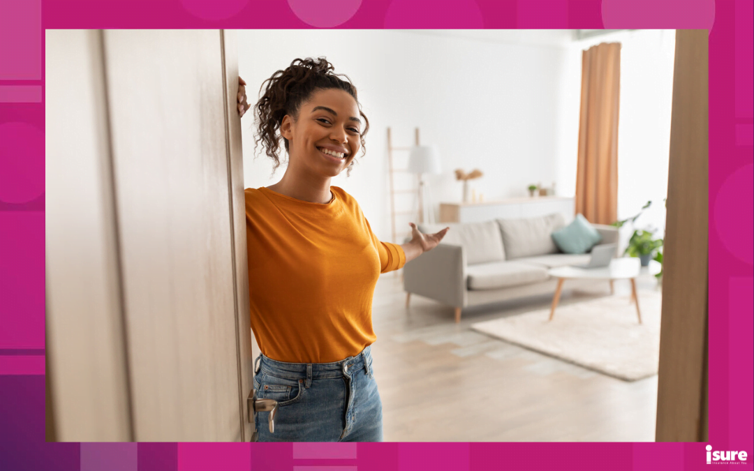 save for your down payment - Cheerful African American Woman Opening Door And Gesturing Welcoming You To Come In Smiling To Camera Standing At Home. Hospitality, Real Estate Ownership And Purchase Concept