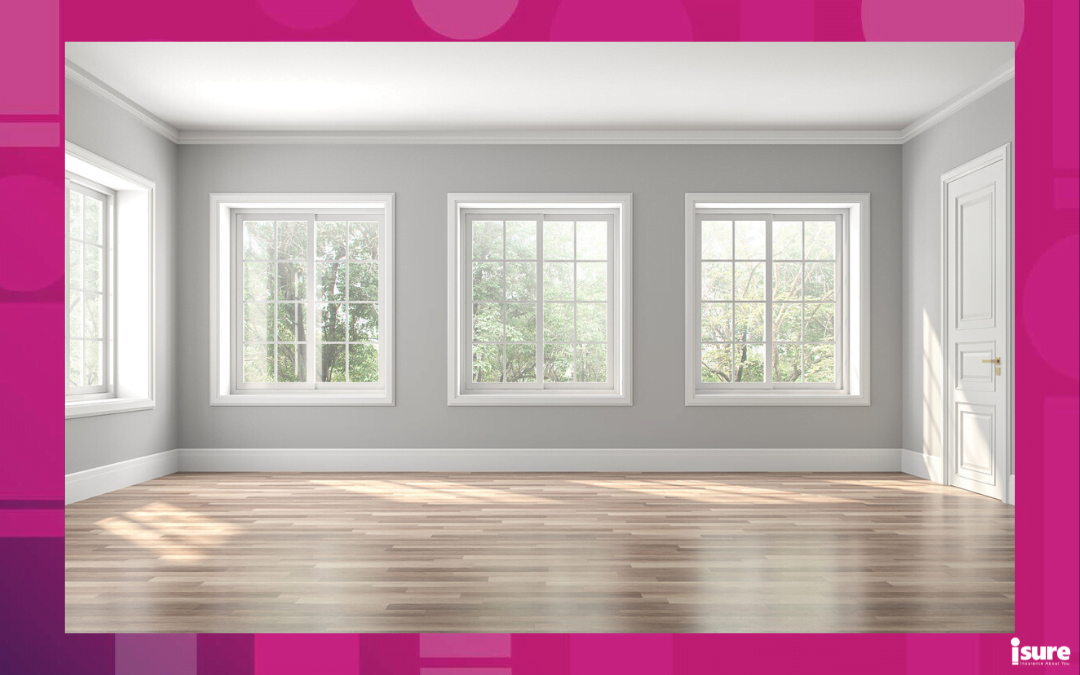 vacant home insurance - Classical empty room interior 3d render,The rooms have wooden floors and gray walls ,decorate with white moulding,there are white window looking out to the nature view.