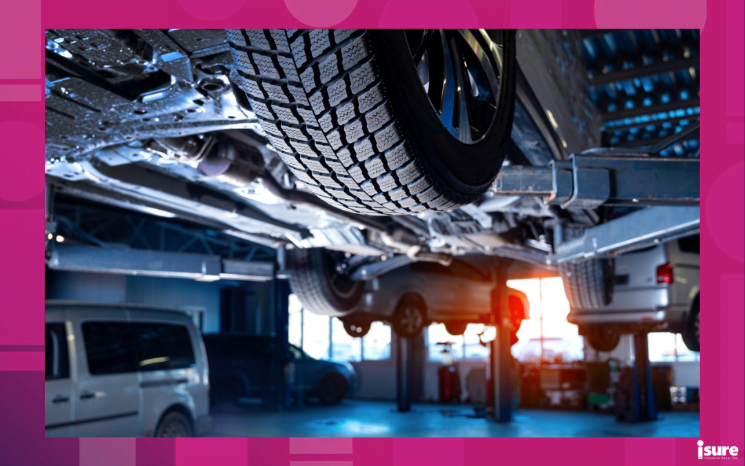 collision-related car repairs - Auto service interior background with cars on the lift.