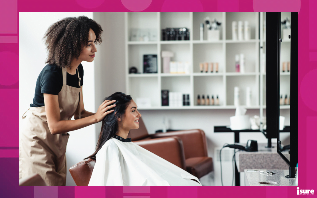 hair salon insurance - Young woman looking for changes, trying new hairstyle at beauty salon, empty space