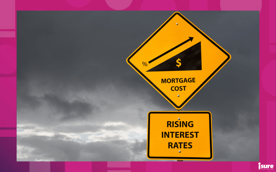 high interest rates - Conceptual sign about rising mortgage costs due to higher interest rates with storm sky in background. Business and finance concept. Copy space.
