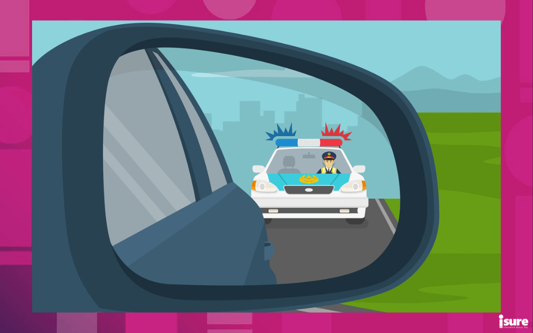 unlicensed driver in Ontario - Close-up of car wing mirror. Back side view. Police chasing criminal in a car on the highway. Flat vector illustration template.