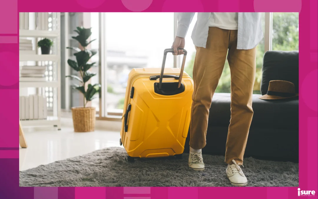 hosting an airbnb - People getting ready for holidays travel trip concept. Single traveller man walking carry a luggage begin a journey. Men wear casual cloth and sneakers. Background in living room at home or hotel.