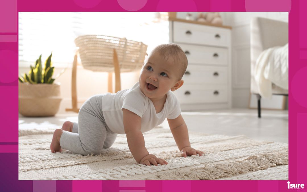 babyproof your home - Cute baby crawling on floor at home