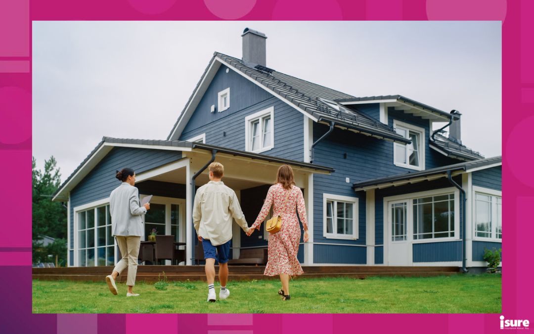 Real Estate Agent Showing a Beautiful House to a Young Happy Couple, discussing the importance of home insurance and mortgages.