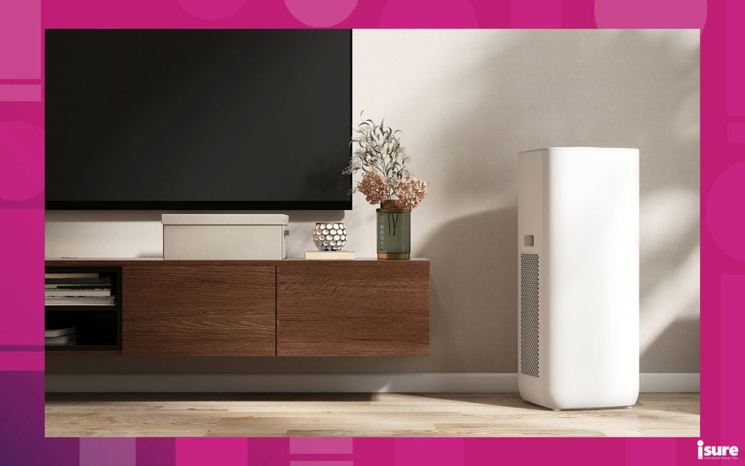 humidity in your home - White modern design air purifier, dehumidifier on parquet floor in beige brown wall living room by wooden TV cabinet in sunlight from window. Fresh air, healthcare, health technology background 3D