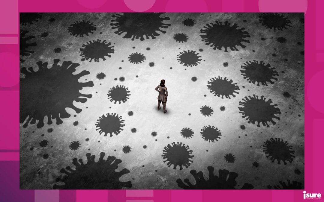 COVID-19 and the insurance industry - Disease outbreak anxiety and pandemic psychology or health fear of contagion or psychological fears of disease or virus infections with 3D illustration elements.