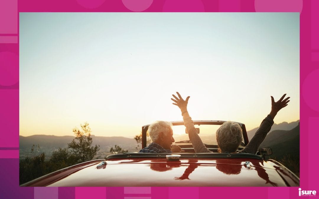 drivers ages 45-60. Elderly couple in a convertible car