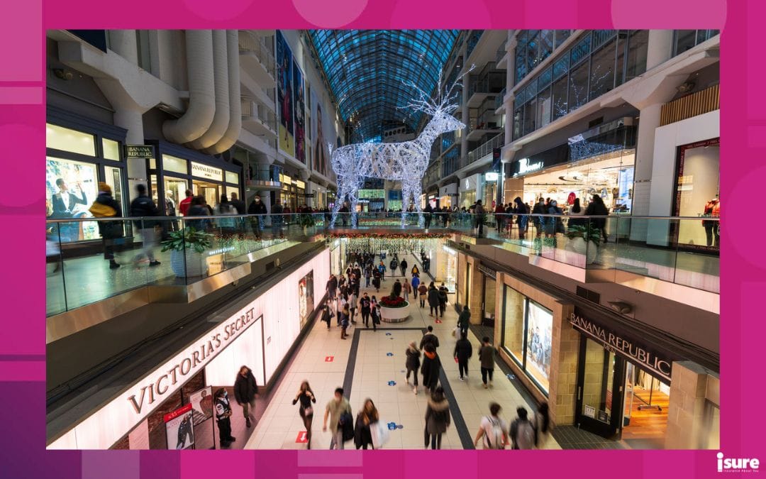 Black Friday - Toronto, Ontario, Canada - December 18 2021 : CF Toronto Eaton Centre during christmas decoration. Crowd people shopping here during covid-19 pandemic period.