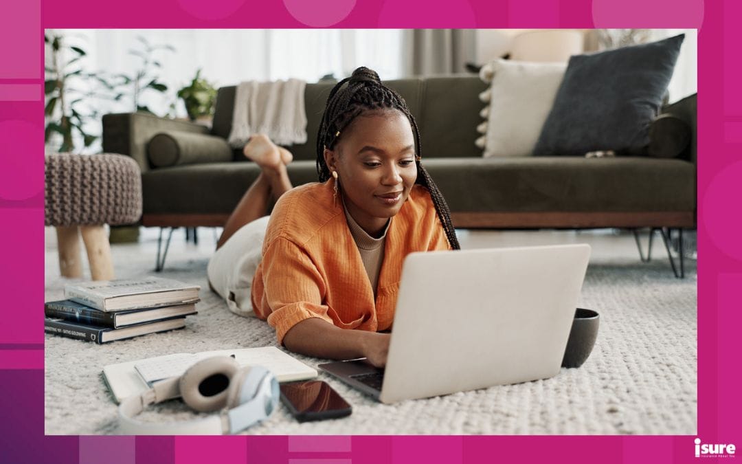 students and insurance - Laptop, education and a student black woman on the floor of a living room to study for a test or exam. Computer, smile and a happy young person learning with an online course for upskill development