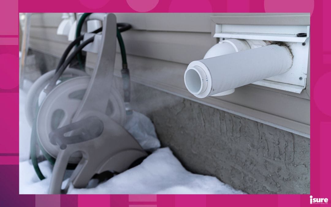 A furnace vent blowing outside during a snowy day.