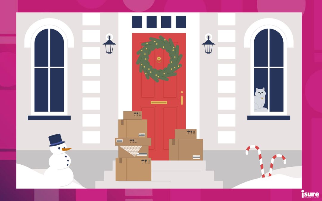 protecting your holiday shopping and gifts from porch pirates or package thieves - illustration of packages left on a porch with a christmas wreath, snowman and candy canes in the snow
