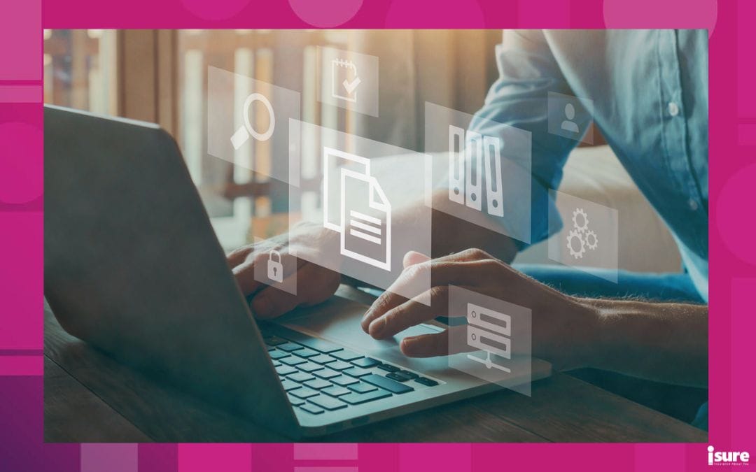 Graphic depicting a man on a laptop viewing documents, showing a paperless business model.