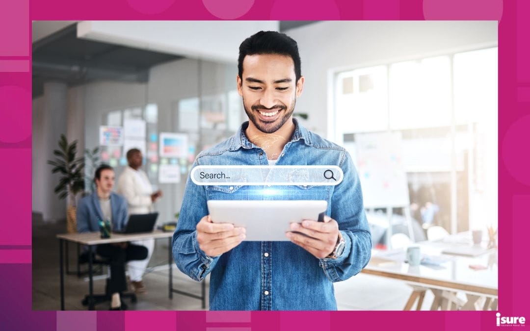 Businessman, tablet or search engine hologram for information, 3D or SEO graphic for iot research. Smile, happy and creative Asian person on digital technology for internet browsing overlay in office, looking at SEO tools for his business