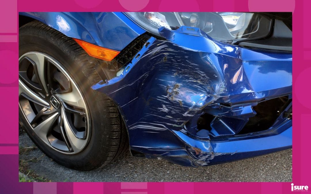 length of rental vehicle times - LOR - The front end of a blue automobile that received heavy damage in an accident.