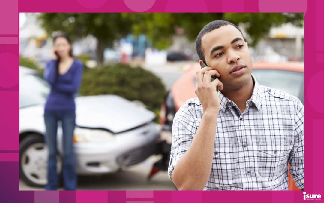 save on collision insurance - man on the phone calling someone after a car accident