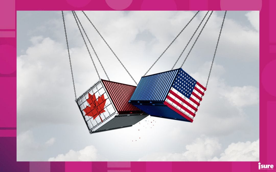 tariffs and insurance - USA Canada Trade War and United States or USA Canadian trade relationship crisis as American tariffs conflict with two opposing North American trading partners as an economic import and exports dispute concept.