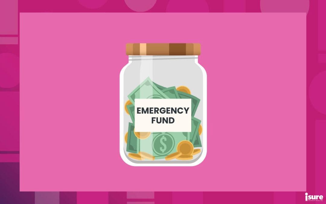 Illustration of an emergency fund jar filled with money on a pink background. Financial security. Simple cartoon style spot illustration for web graphic design.