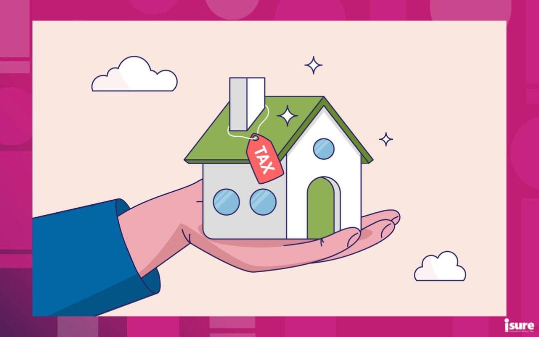 Property tax concept. Real estate or housing payment, money or bills to pay for government, businessman hand holding house with the price tags showing property tax with dollar signs to pay for