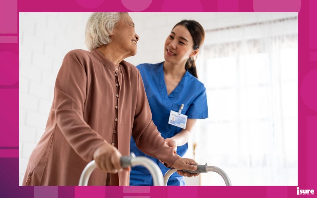 Asian senior older woman patient doing physical therapy with caregiver. Attractive specialist carer women help and support elder mature female practice walking slowly with walker at assisted living facility.